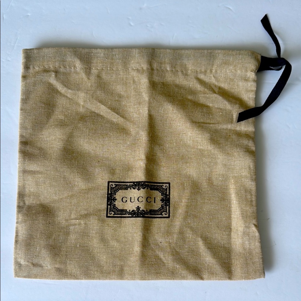 Gucci Beige Fabric Drawstring Dust Bag with Black Logo for belts 10in x 9 3/4in